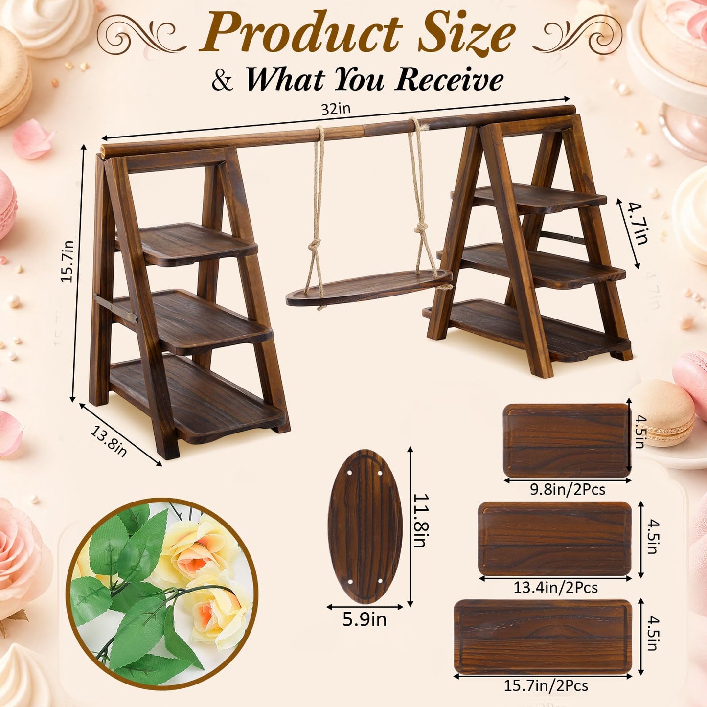 Purpeak Rustic Wooden Cupcake Stand with LED String Lights, 3 Tier Dessert Display Ladder with Swinging Tray, Solid Pine Serving Trays with Flower Vine for Wedding, Party, Birthday Event Table Decor