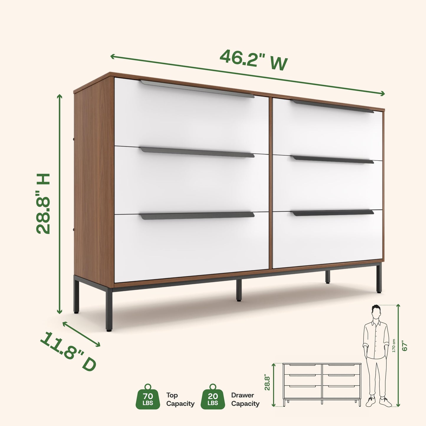 tinge Lira Premium 6-Drawer Fabric Dresser - Engineered Wood Frame, Reinforced Sag-Resistant Drawers, Elegant Metal Handles, Luxury Home Storage Solution (Dark Brown)