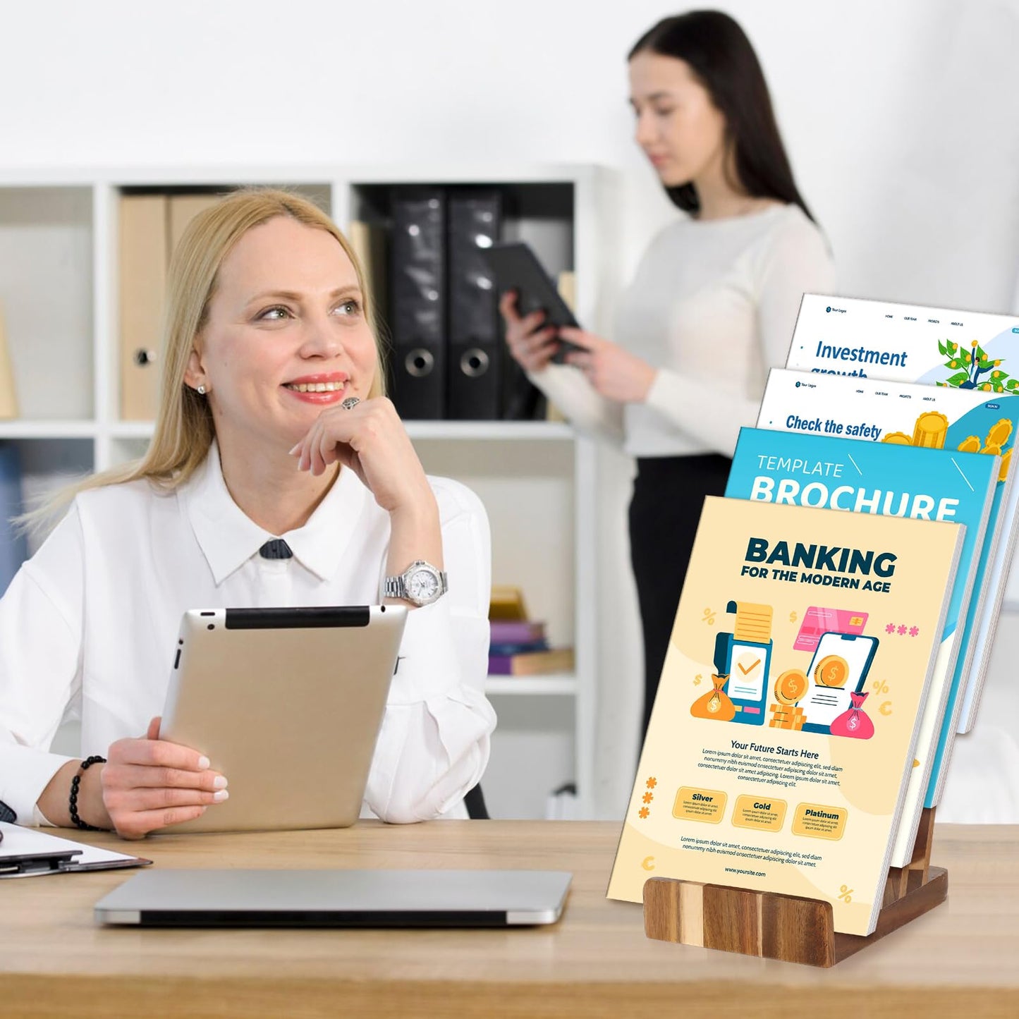 HKSZEH 4 Tier Acacia Wood Brochure Display Stand 6 x 9 inch Brochure Holder Pamphlet Display Stand for 5.5 x 8.5 inch 5 x 7 inch Booklets Menus Postcard Holder Multi Purpose Organizer
