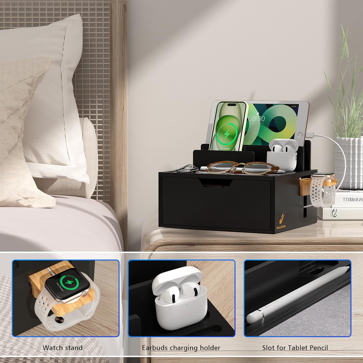 Pezin & Hulin Bamboo Charging Station for Multi Device, with Power Charger & Cables, Nightstand Docking Station with Lined Tray & Drawer, Compatible with Tablet, Cell Phones-Black