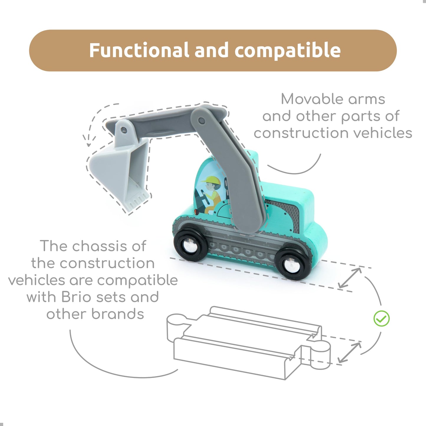 umu Construction Toy Cars 14 PCS Wooden Kids Mini Vehicles for Toddlers, Compatible to Thomas Train Toys Railway and Major Brands, Best for 3 to 5 Year Old Boys and Girls