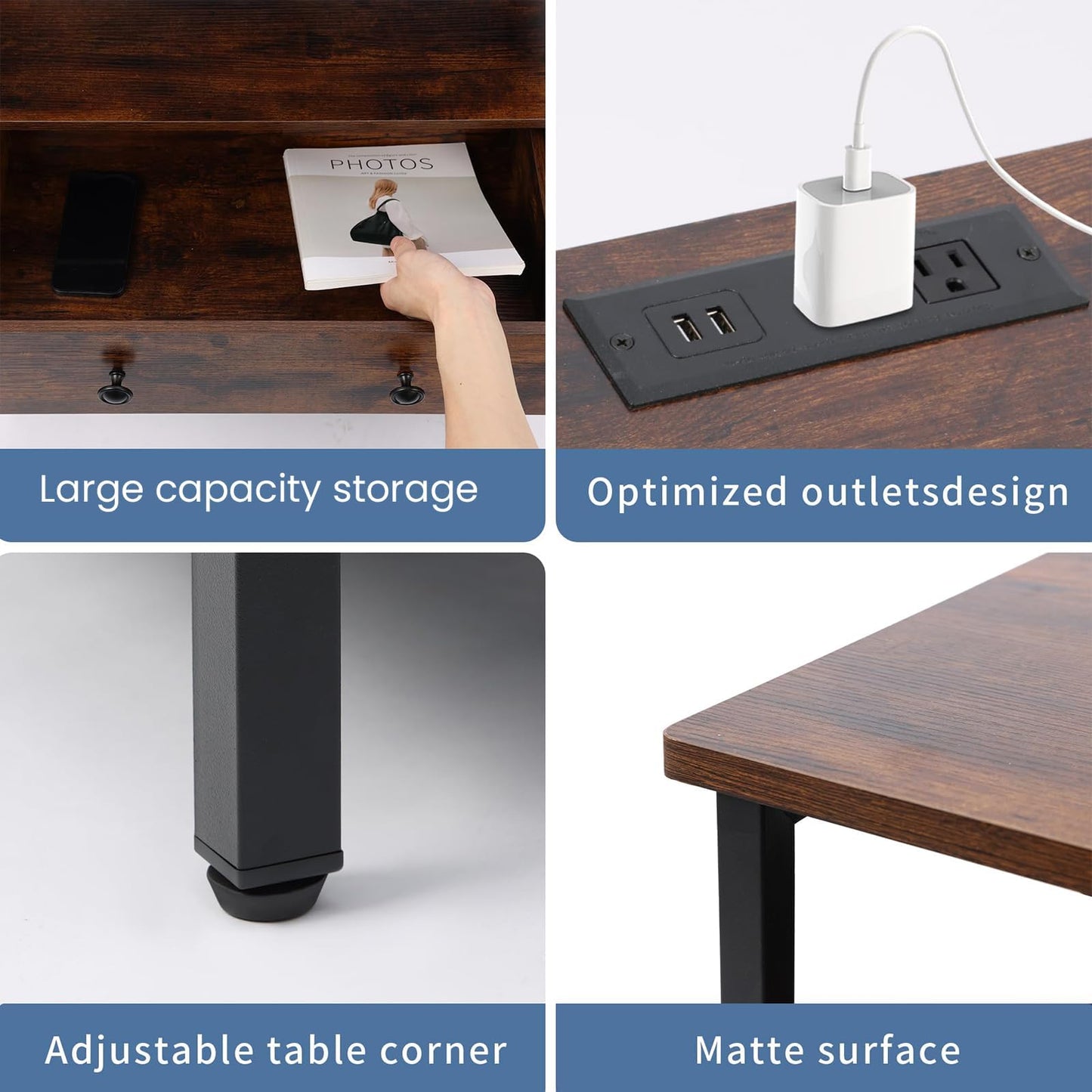 Edbuosy 3 Wooden Drawers Night Stand, 27 Inch Wide Nightstand with Charging Station and Adjustable Drawers, Small Dresser for Closet, Bedside Table for Living Room/Bedroom/Office, Retro Brown