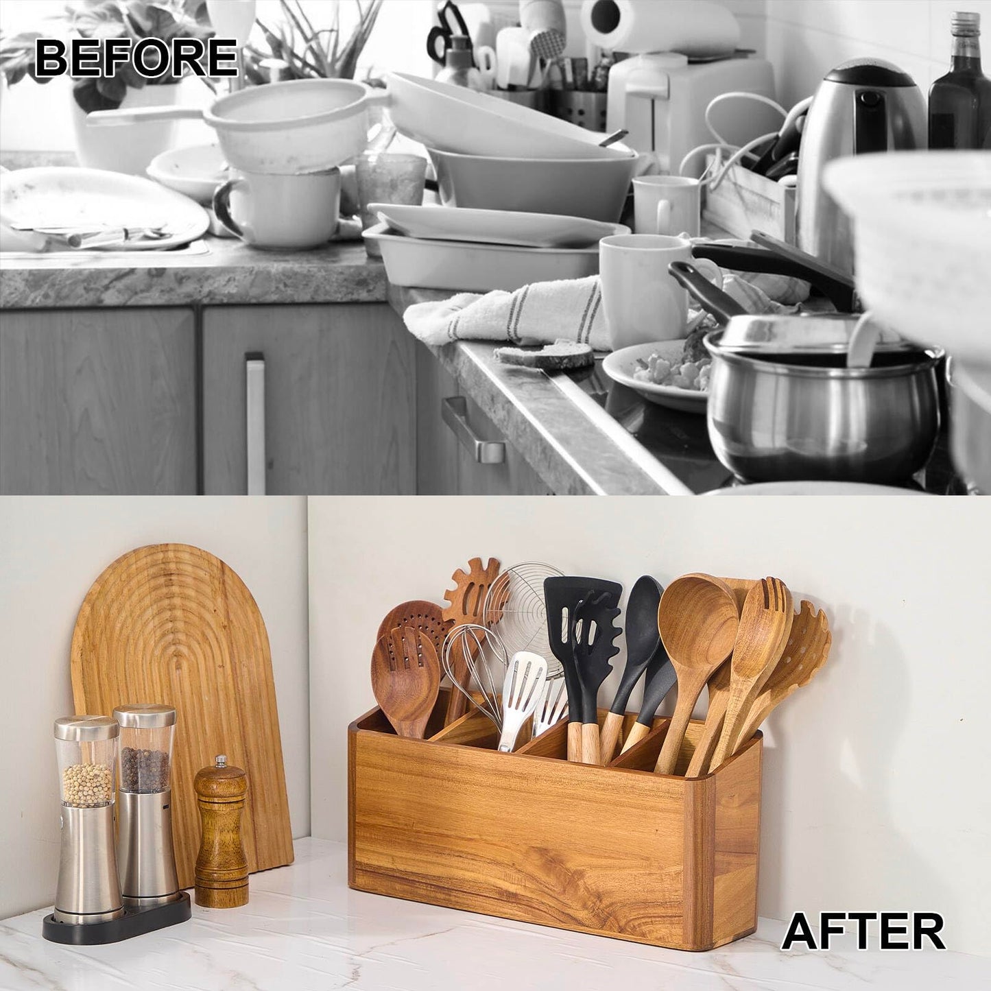 LOHONER Wooden Utensil Holder for Kitchen Counter, Acacia Wood Kitchen Utensil Holder for Countertop with 4 Compartment, Cooking Utensil Organizer, Silverware Caddy (Acacia Wood, 4Compartment)