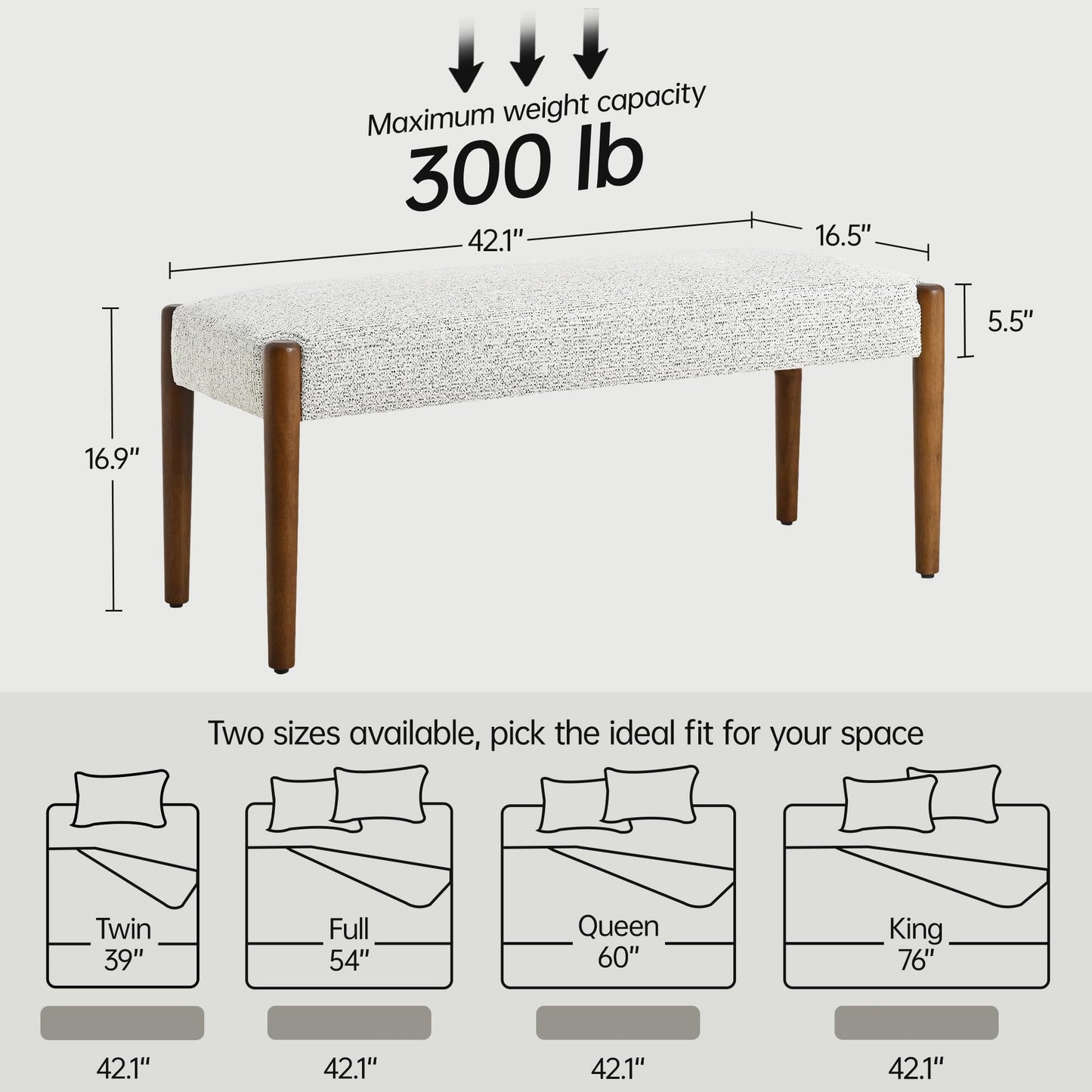 Usaint 42" End of Bed Bench, Modern Upholstered Bedroom Bench with Rubberwood Legs, Entryway Bench with Cushion, Dining Bench for Living Room, Bedroom, Heathered Off-White with Walnut Leg