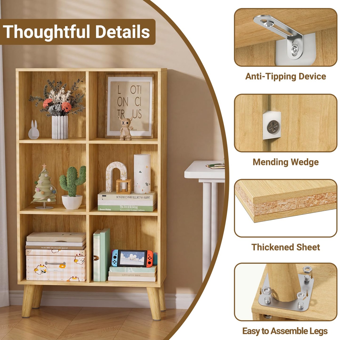 VAFHYLLIS 6 Cube Storage Organizer with Legs, 3 Tier Cube Low Bookcase Freestanding Storage Display Organizer for Home Office, Six-Cubes Open Shelf Bookshelf (Natural Oak, 6 Cube Vertical)