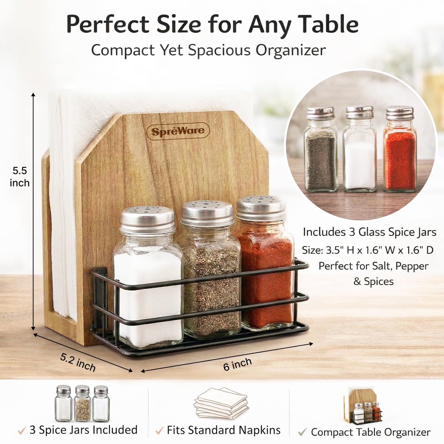 SPREWARE Acacia Wood Napkin Holder with 3 Salt & Pepper Shakers, Rustic Tabletop Napkin and Condiment Caddy, EVA Anti‑Slip Base, Holds 80 Standard Napkins – Grateful Thankful Blessed Design