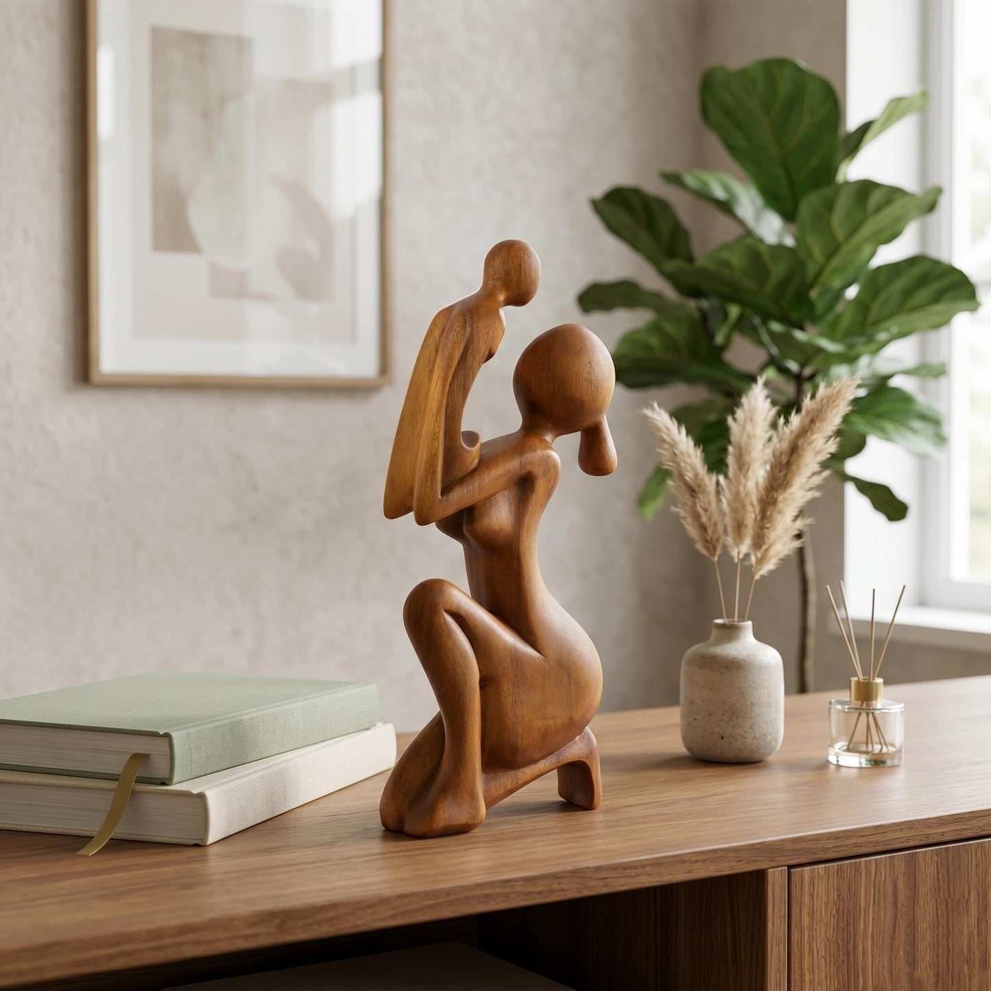 G6 Collection Wooden Handmade Abstract Mother and Child Sculpture Handcrafted Gift Art Decorative Home Decor Figurine Accent Decoration Artwork Hand Carved, Mother and Baby Statue