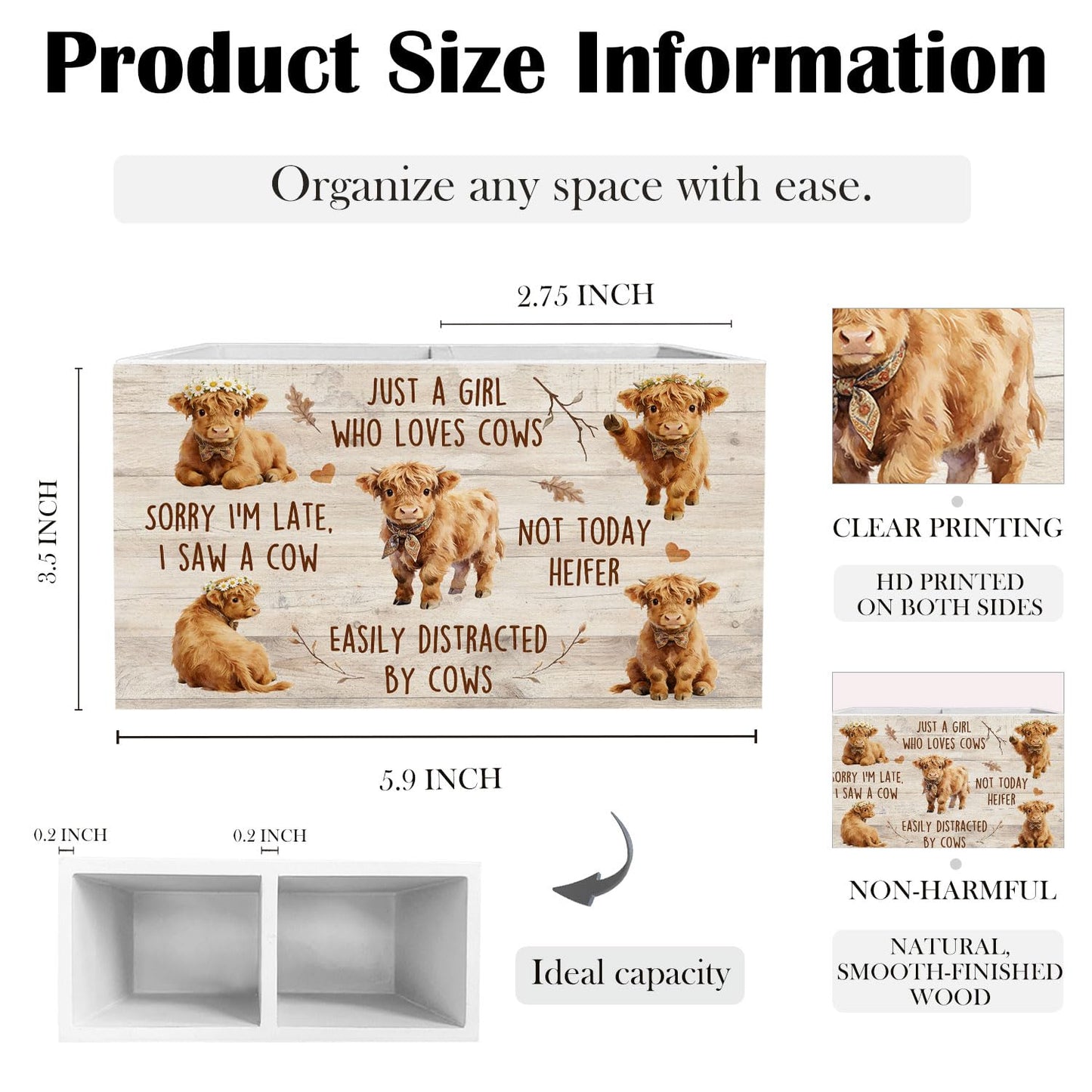 HYKDFMNCJ Rustic Highland Cow Pen Holder for Desk, Gifts for Highland Cow Lovers Wooden Box Sign Desk Decor for Girls Room Home Office Decoration, Farmhouse Heifer Pencil Organizer