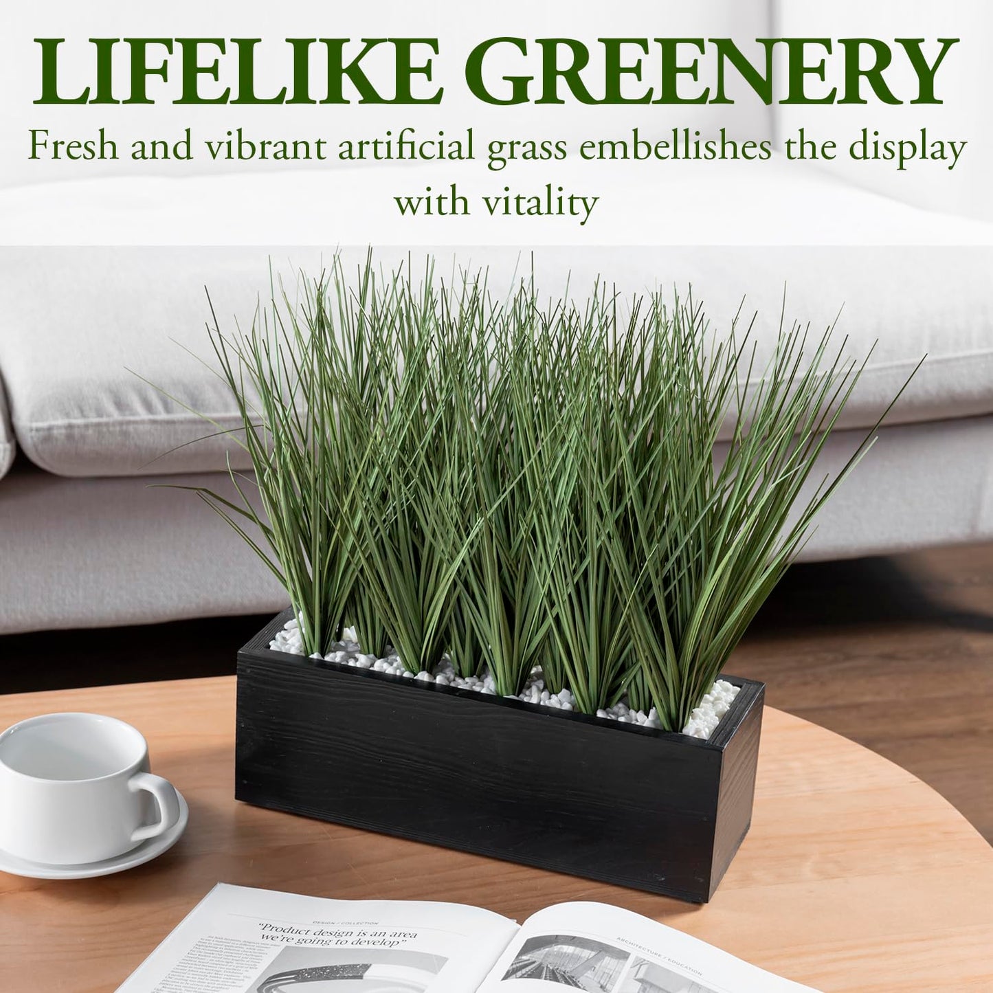 MyGift 12 Inch Desktop Artificial Green Grass Plants Faux Greenery Centerpiece with Rustic Black Solid Wood Planter Box