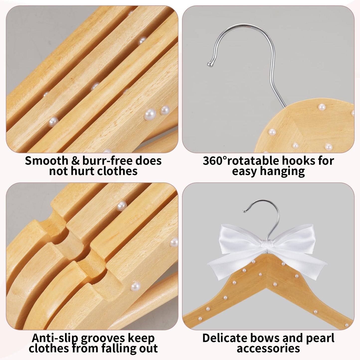 10 Pcs Bridesmaid Hangers for Wedding, 17.5 Inch Wooden Bridal Dress Hanger with Pearls & Bows, Bridal Hangers for Wedding Dress Gown & Tuxedo Suit, DIY Wedding Gift Photo Keepsake