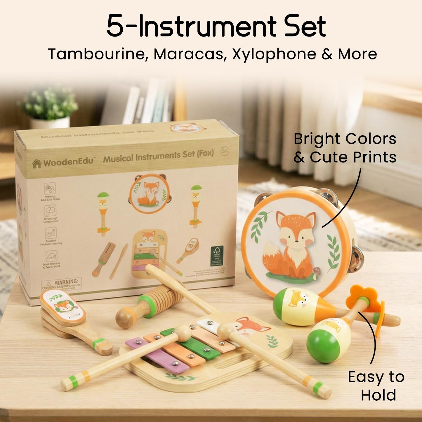 Wooden Musical Instruments Set for Toddlers, Natural Wood Percussion Instruments Xylophone Gift Set for Girls Boys Kids ,Preschool Educational Musical Toys with Storage Bag (Orange Set)