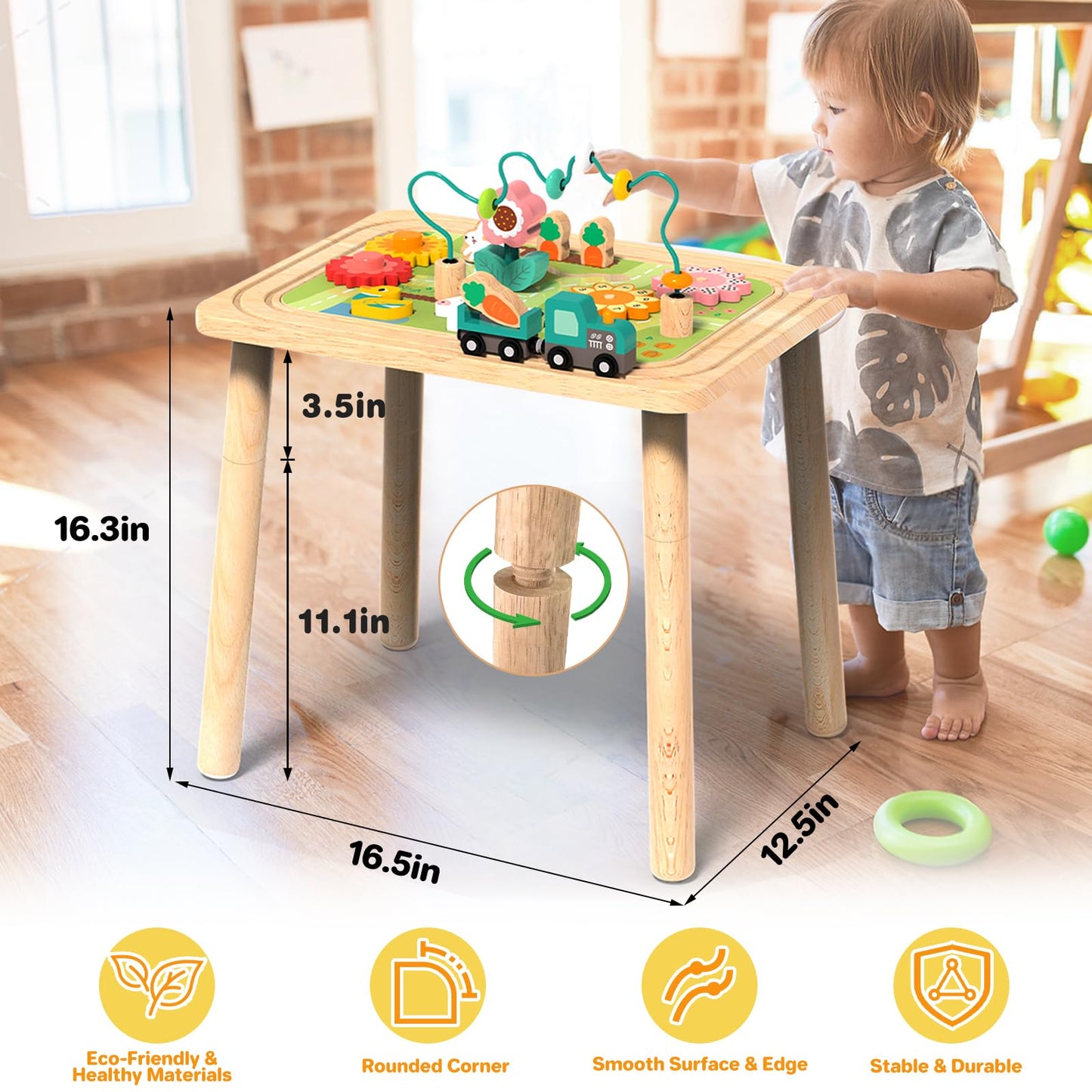 3-in-1 Baby Activity Table for 18-36 Months Old Kids Wooden Activity Center Sensory Play Table for Toddlers with Bead Maze Shape Sorter Montessori Toys Sand Table Must Have Birthday Gift for Girls Boy