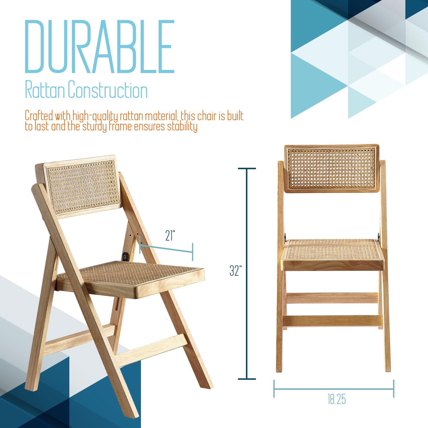 ISL Furnishings Ibiza Rattan Chair, Natural, Set of 1 – Folding Modern Rattan Chairs for Outdoor Dining, Patio, Accent Chair for Living Room and Office, Foldable Space-Saver Design