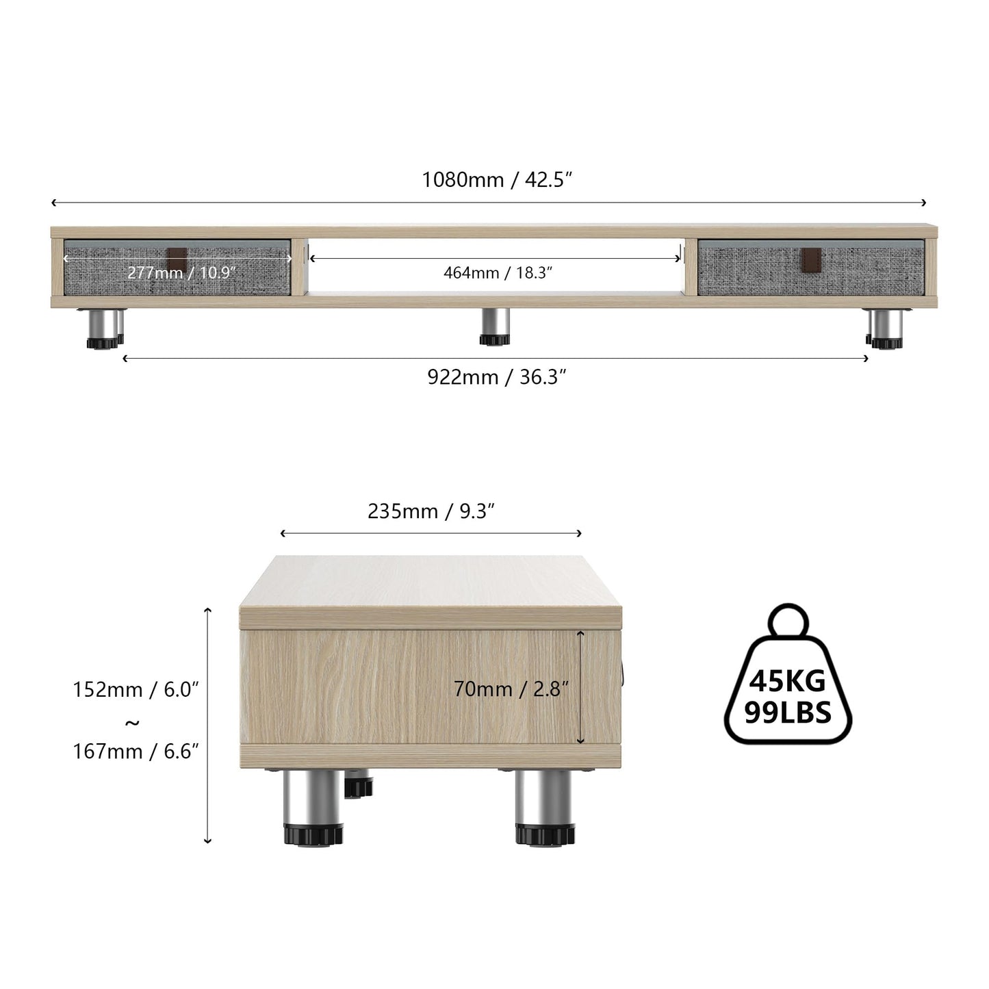 Fenge Monitor Stand, Dual Monitor Stand with 2 Drawers, Monitor Riser for 2 Monitors, Adjustable Height Computer Stand, Office Monitor Stands for Desk, Laptop, PC, TV, Printer