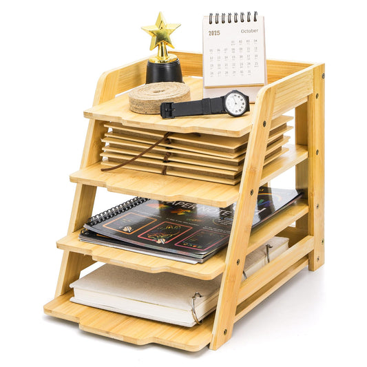 ZAVOOS Wood Paper Organizer for Desk, 4 Tier Bamboo Letter Tray File Folder, Mail Sorter Shelf Document Storage Rack Holder for Home, Workplace, Office Supplies Desk Accessories