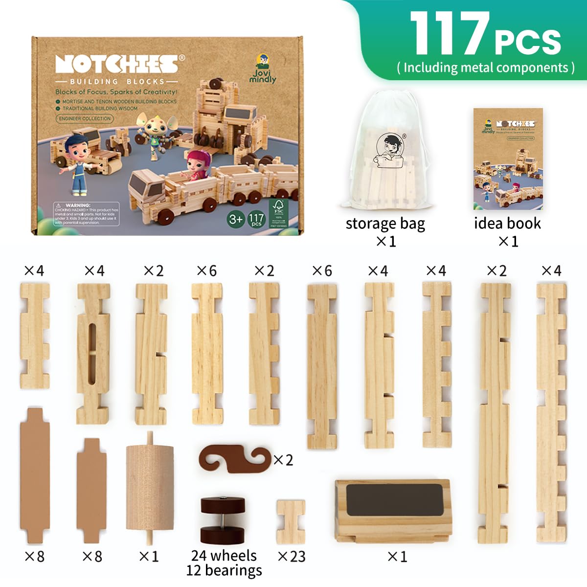 Jovi-mindly＆Notchies C117PCS Wooden Blocks Car Set Wooden Blocks with Wheels＆Vehicle Stickers|Preschool Learning Toys Wood Blocks Building for Kids Ages 3+ Creative Construction Birthday Toys Gifts