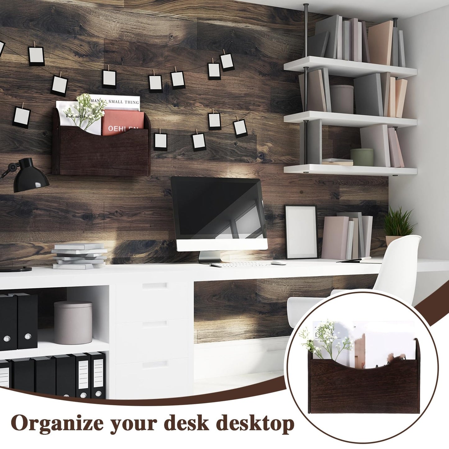 Suzile Wall Mounted File Holder Wood Magazine Holder Wall Hanging File Organizer for Office Mail Magazine Letter Paper Folder Organization (Brown)