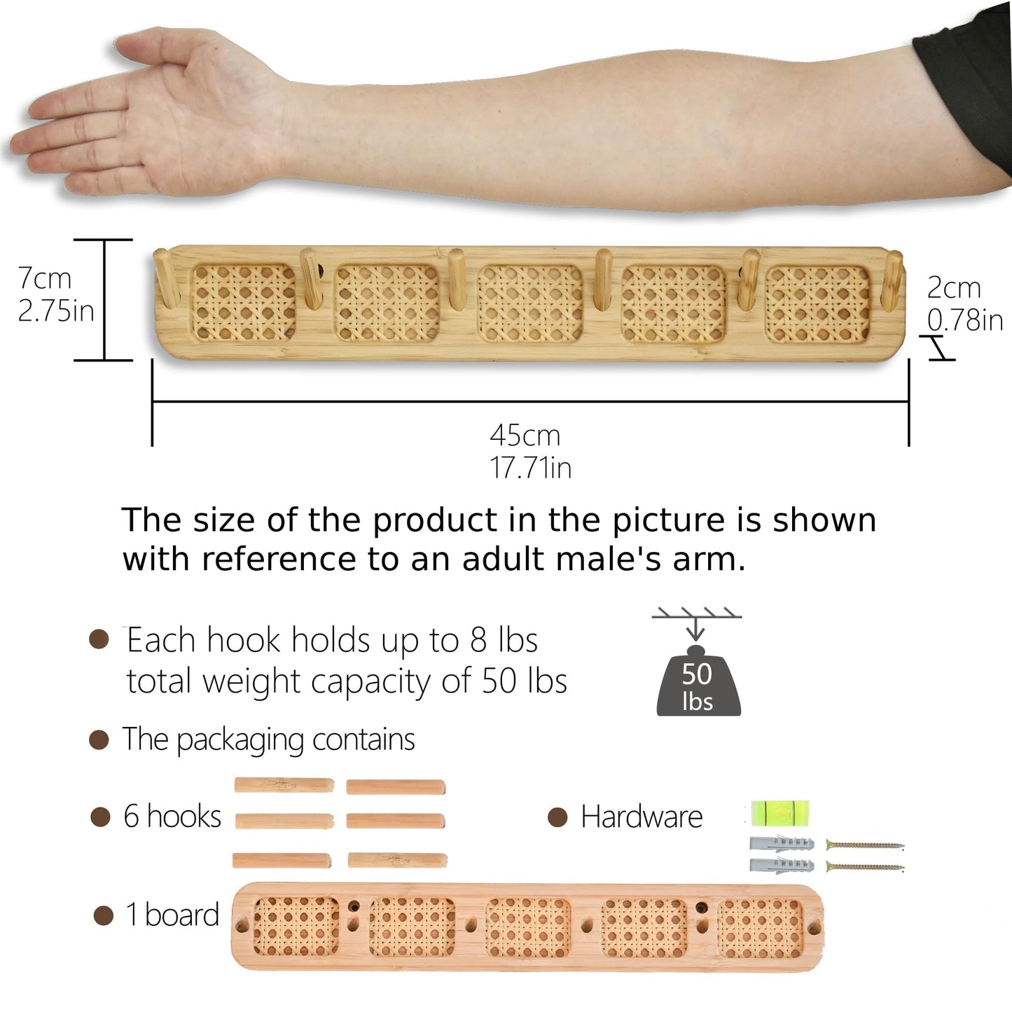 Shamgzuu Coat Rack Wall Mount, Rattan Coat Hooks Hanger Wall Mounted, 6 Heavy Duty Bamboo Hooks Rack Rail for Hanging Clothes Hats Bags Jacket Towels Plants, White (White)