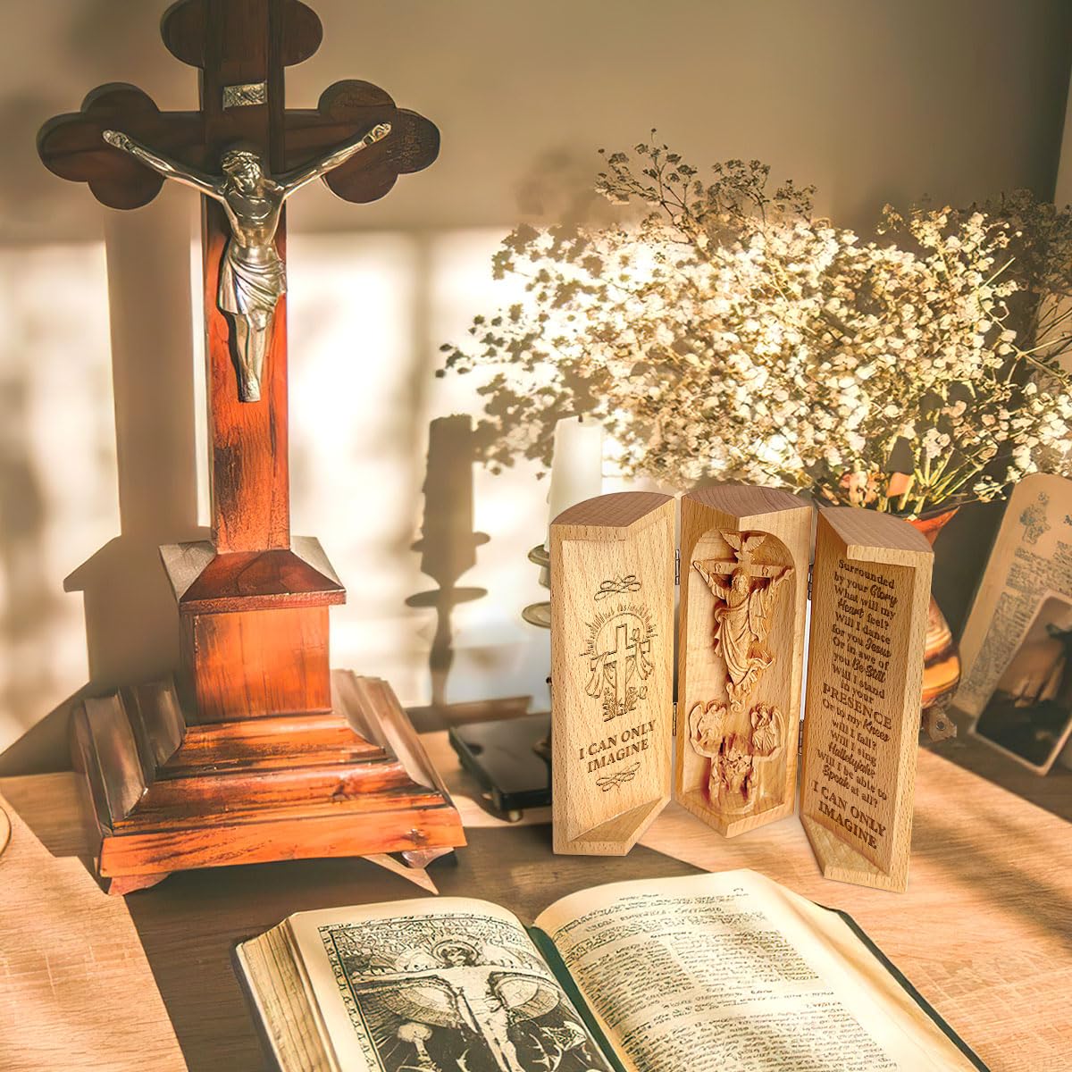 Jesuspirit - Our Father in Heaven Christian Decor, Catholic Wooden Statue, Sculpture Nativity Family, Statue of Jesus, Home Decor - Openable Wooden Cylinder Sculpture of Jesus (I Can Only Imagine)