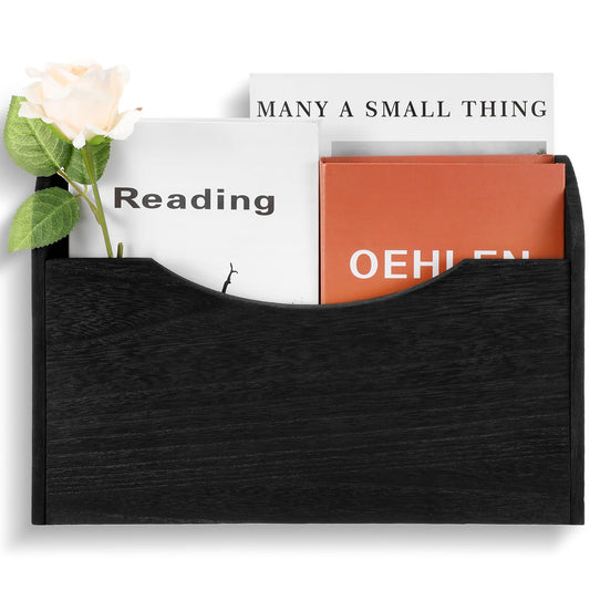 Suzile Wall Mounted File Holder Wood Magazine Holder Wall Hanging File Organizer for Office Mail Magazine Letter Paper Folder Organization (Black)