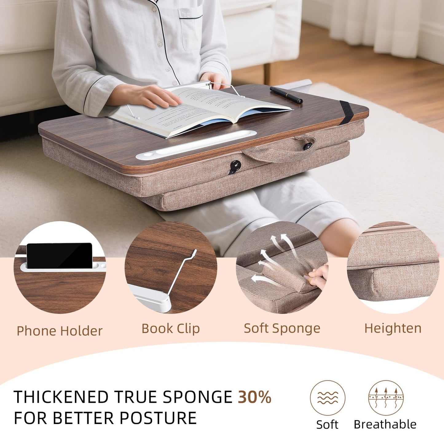 wishacc Lap Desk with Cushion and Hidden Book Clips, Wooden Bed Desk for Laptop and Writing, Cushioned Laptop Tray for Couch, Portable Lap Desk for Adults, Car Laptop Couch Table (Fits up to 17")
