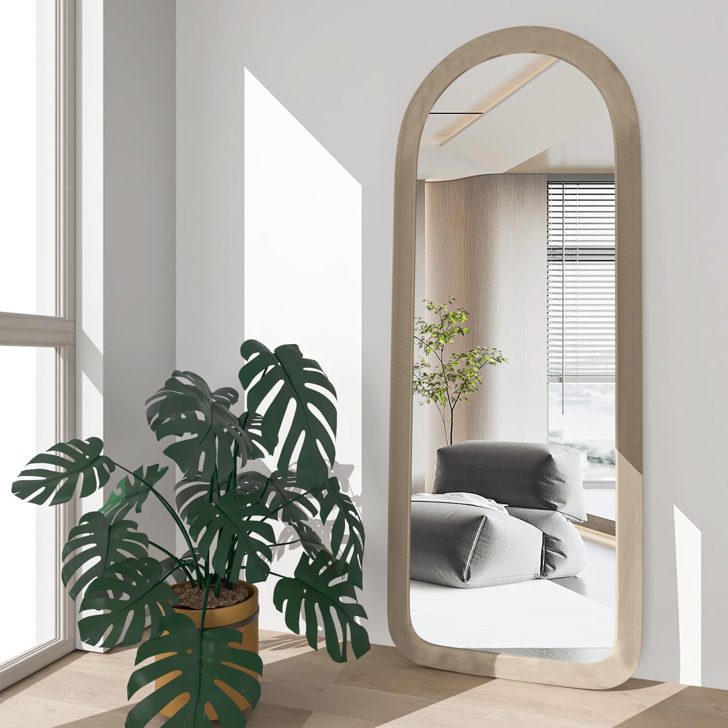 NEUWEABY Full Length Mirror 56"x20" Arch Floor Mirror with Stand Arched Full Body Mirror Standing Hanging or Leaning Against Wall for Bedroom Flannel Wrapped Wooden Frame Milk Tea