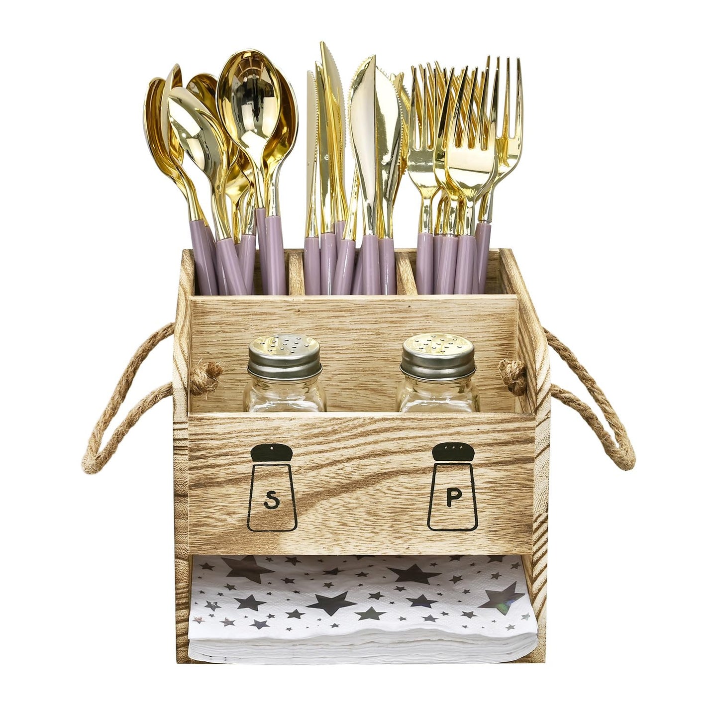 Ikee Design Wooden Utensil Caddy Flatware Holder with Handles - Utensil Holder for Dining Room, Restaurant and Kitchen, Oak Color, 7.13”W x 6.63”D x 7.5”H