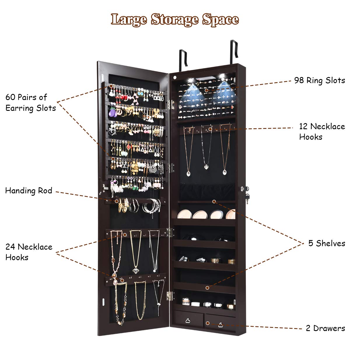 OFFICEJOY Wall/Door Mounted Jewelry Armoire w/Full-Length Mirror & LED Lights, Lockable Jewelry Armoire Mirror Organizer, Jewel Storage Hanging Cabinet w/Scarf Rod, 36 Hooks, 1 Makeup Pouch (Coffee)