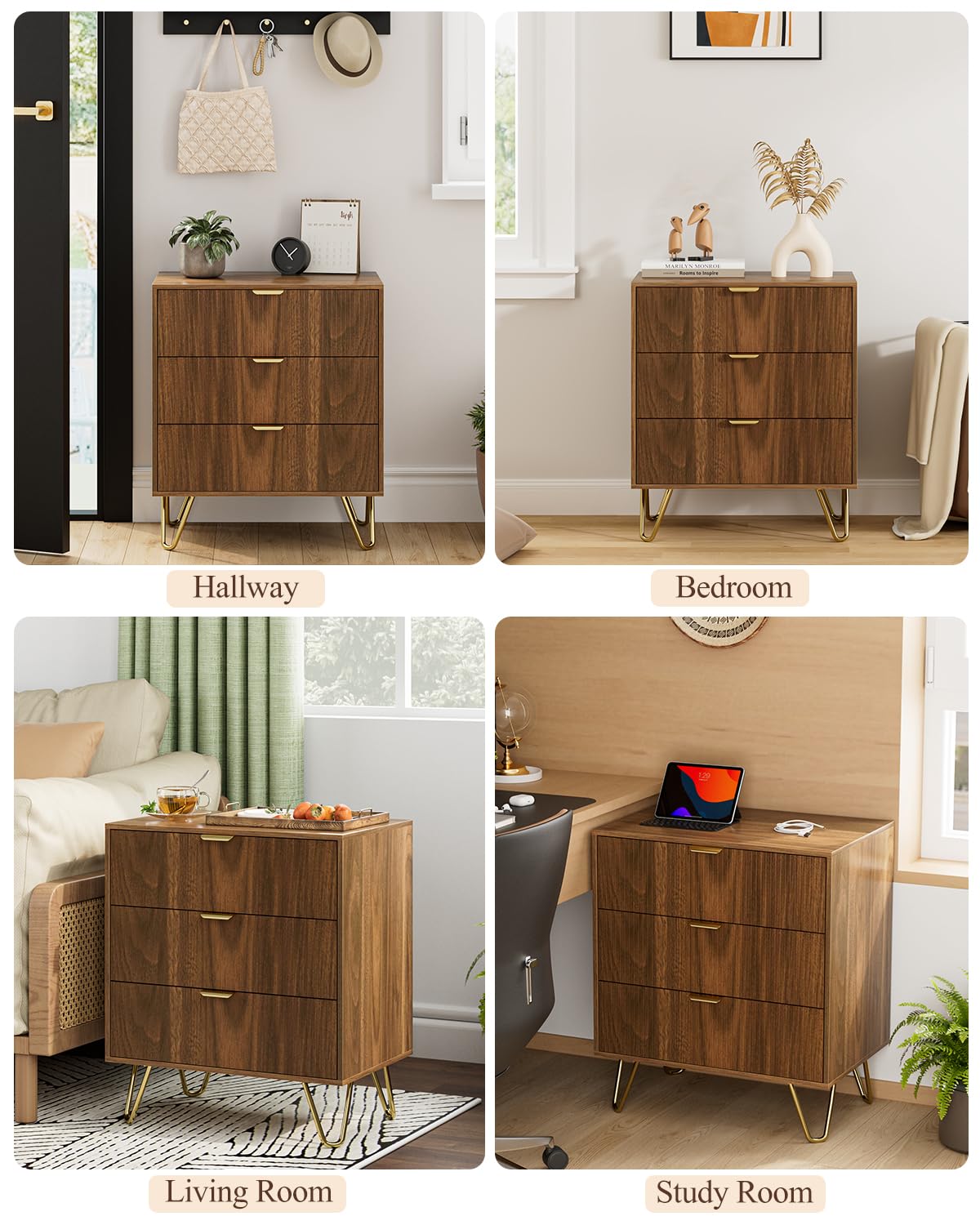 AEPOALUA Walnut Dresser for Bedroom, Modern Fluted 3 Drawer Dresser with Storage, Dresser Chest of Drawers with Gold Handles for Bedroom, Living Room, Closet, Hallway, 15.8" D x 23.6" W x 27.6" H