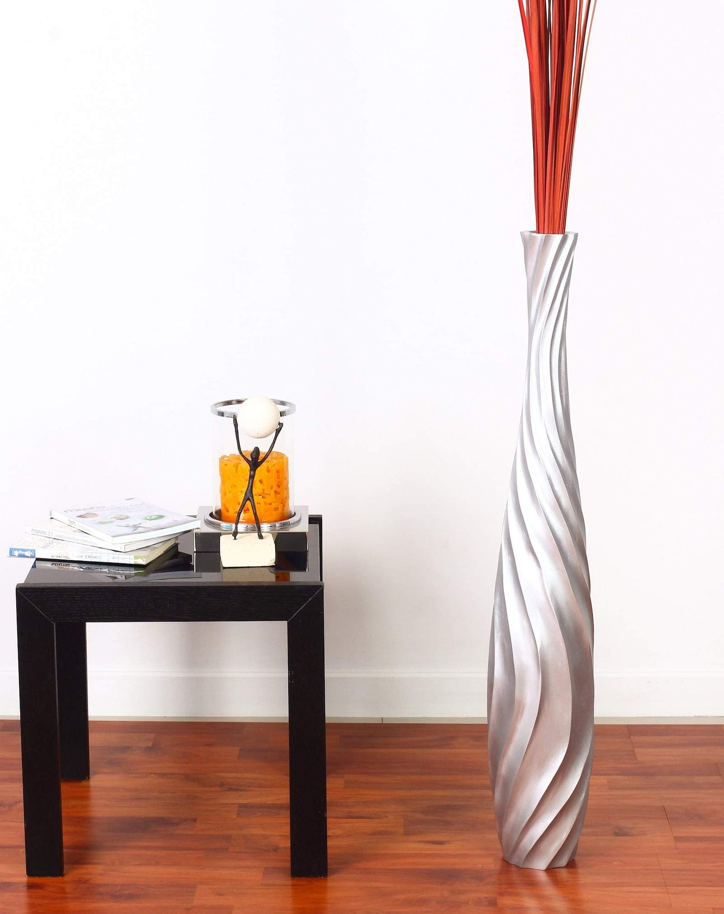 Leewadee Large Silver Home Decor Floor Vase - Wooden 34 inch Tall Farmhouse Decor Flower Holder for Fake Plant and Pampas Grass