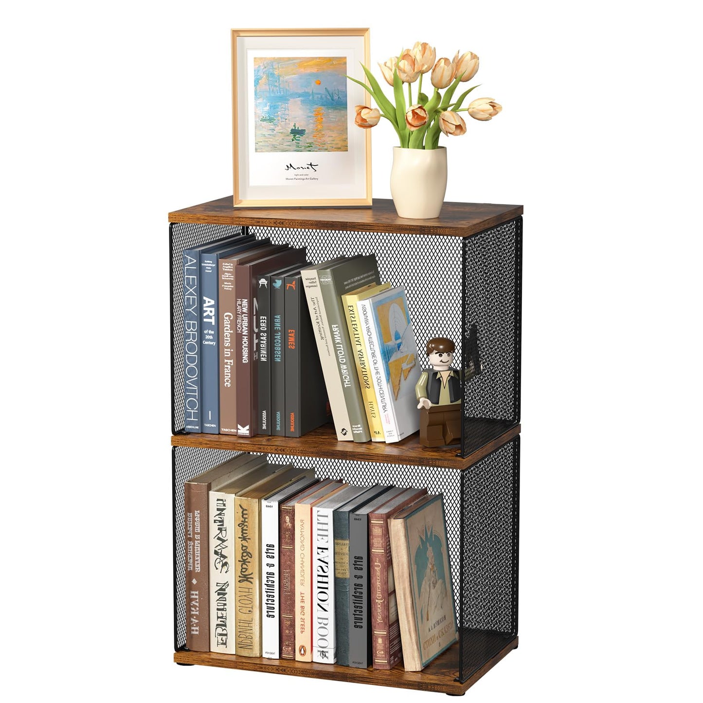 Dmevkic Small Bookshelf 2 Tiers Bookshelf for Small Spaces DIY Variable Stackable Cube Storage Organizer for Kid Bedroom,Living Room, Black Brown Wooden,2 Tiers Non-Detachable
