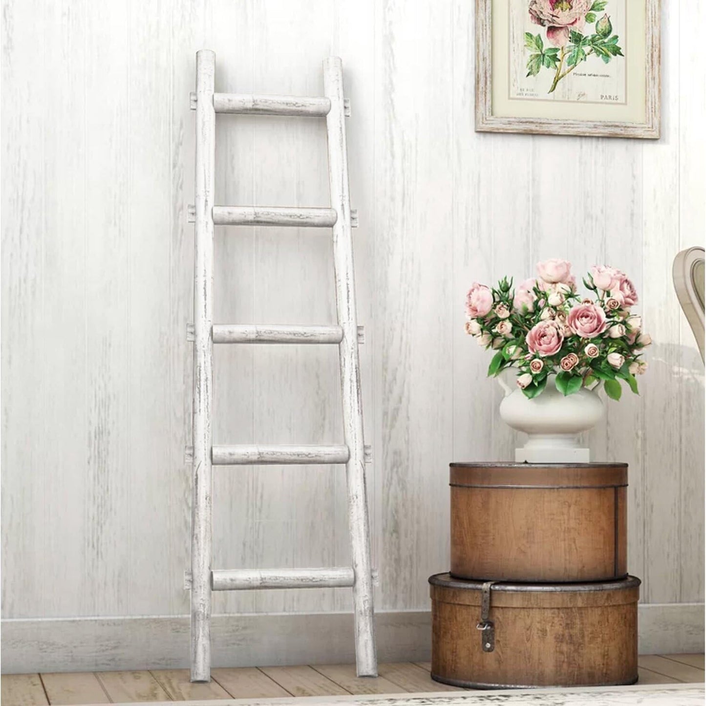 HomeStock Wooden Decorative Ladder Accent Piece for Blankets & Towels White