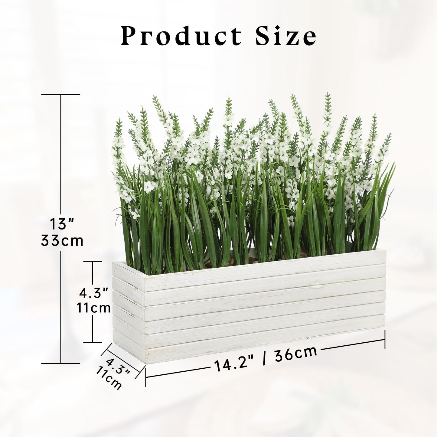 14 Inch Artificial Lavender Flower Arrangement in Rustic Rectangular Wood Planter Box White Fake Lavender Flower Faux Potted Lavender Plants for Table Centerpiece Windowsill Shelf Home Decor Indoor