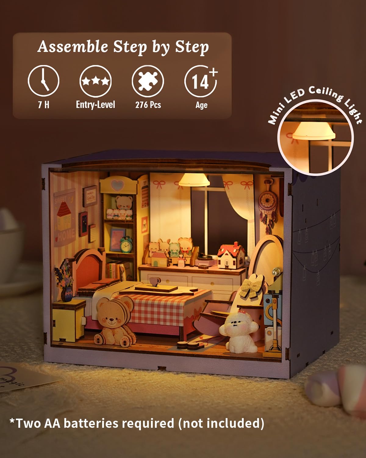 DIY Miniature House Kit-Bedroom, 3D Wooden Puzzles with LED Light Tiny House Mini House Building Kit for Adults, Wooden Adults Crafts Home Decor Gifts for Parents Friends