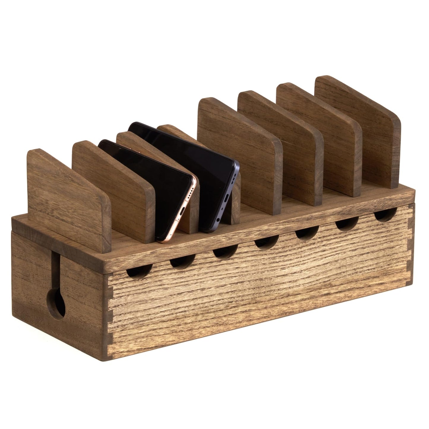 KIRIGEN Charging Station Organizer for Multiple Devices Desktop Organizer Wooden Cable Management with 7 Ports for Cell Phones, Tablets, Earphones GDXH-DBR