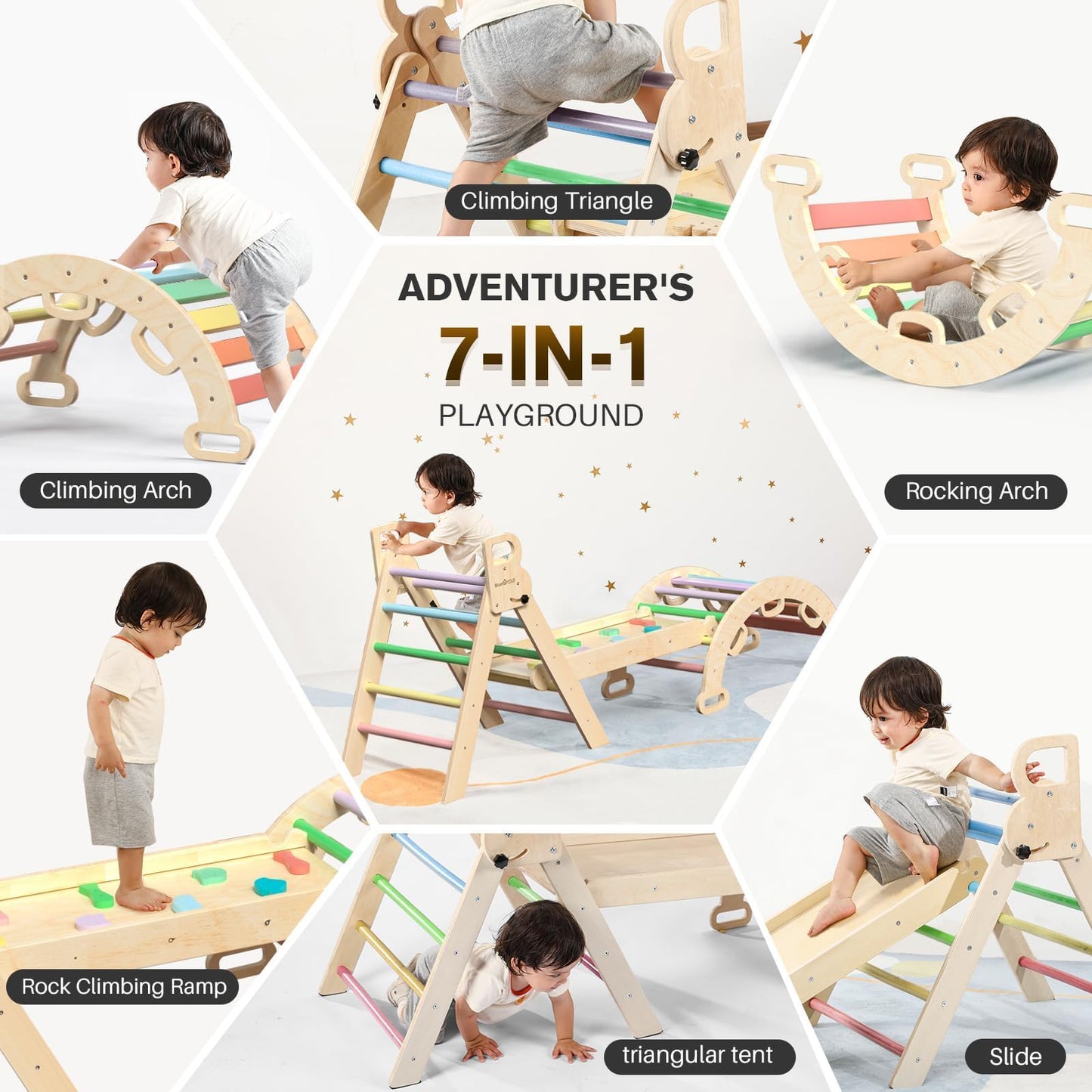 BlueWood Pikler Triangle Set with Safe Handle, Foldable 7-in-1 Montessori Toddler Climbing Toys Indoor, Wooden Pickler Climbing Set, Baby Jungle Gym & Playground, Climbing Toys for 1-3 Year, Rainbow