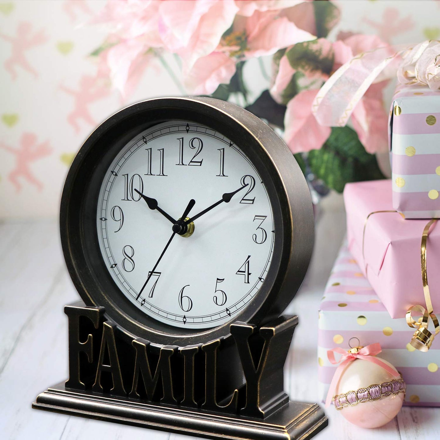 clumsy pets 6.5 Inches Table Clock, Vintage Non-Ticking Family Mantel Desk Clock Battery Operated with Quartz Movement HD Glass for Kids Bedroom Living Room Office (Antique Black)