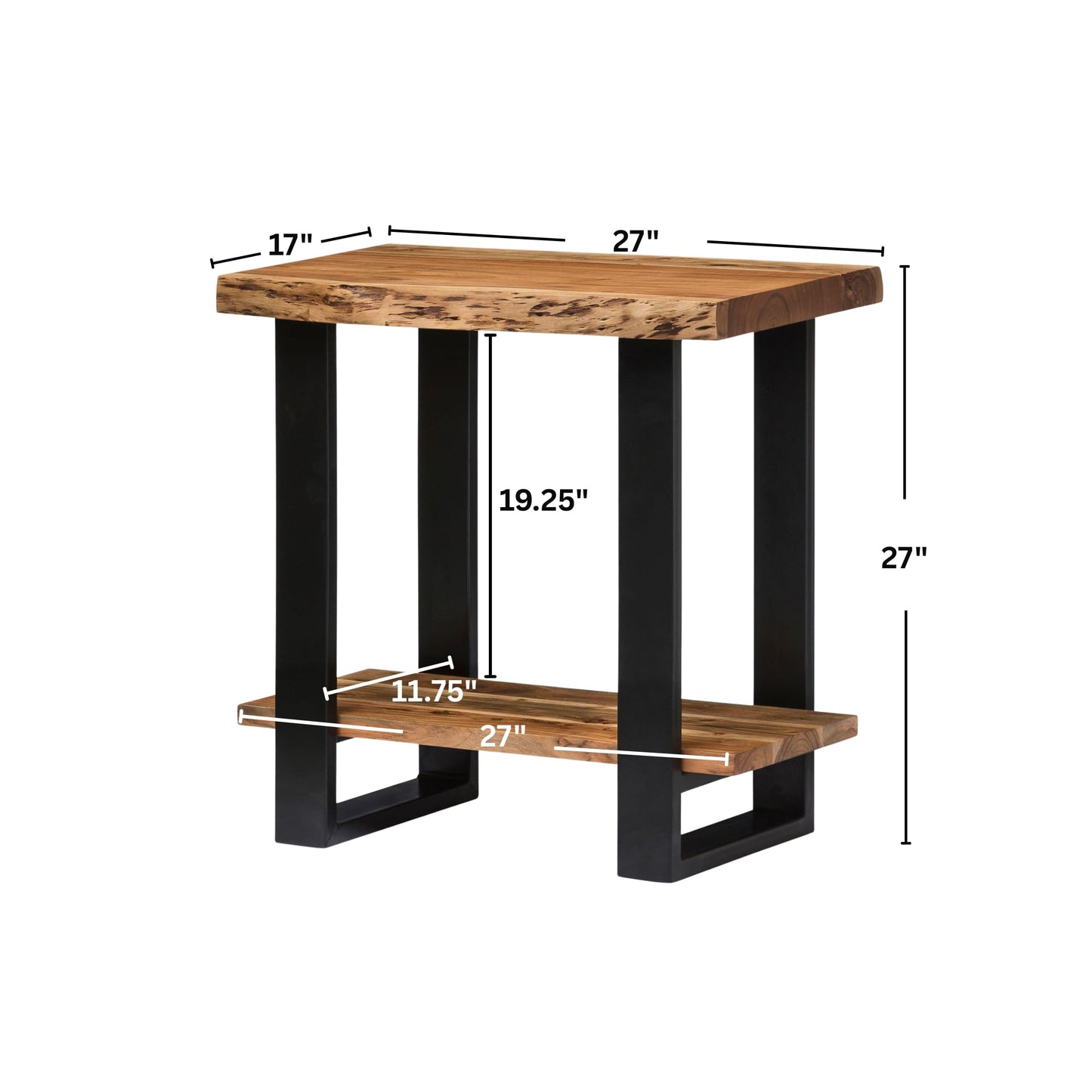 Alaterre Furniture Alpine Live Edge Modern End Table - 2-Tier Narrow Side Table with Open Storage Shelf - Solid Wood and Metal Modern Nightstands for Living Room or Bedroom (Natural)