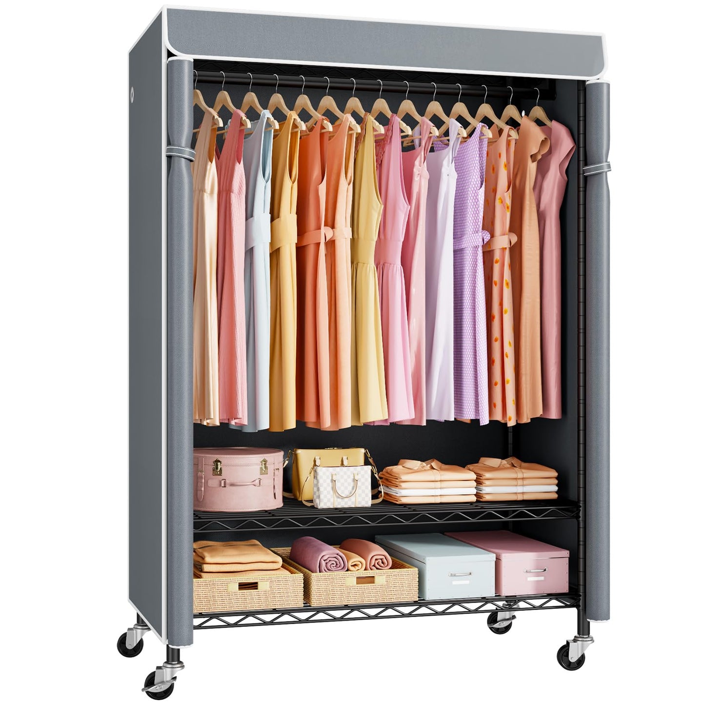 ULIFHOME P6C Plus Rolling Clothes Rack with Cover, Covered Clothing Rack Heavy Duty, Portable Closet for Hanging Clothes, Garment Rack on Wheels, Black Closet Rack with Gray Cover, Max Load 375LBS