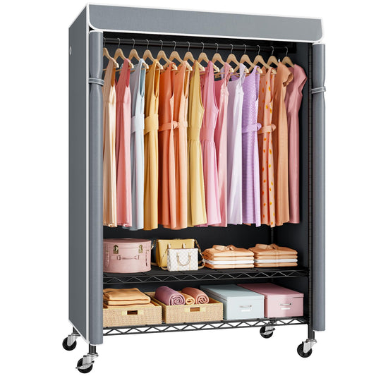 ULIFHOME P6C Plus Rolling Clothes Rack with Cover, Covered Clothing Rack Heavy Duty, Portable Closet for Hanging Clothes, Garment Rack on Wheels, Black Closet Rack with Gray Cover, Max Load 375LBS