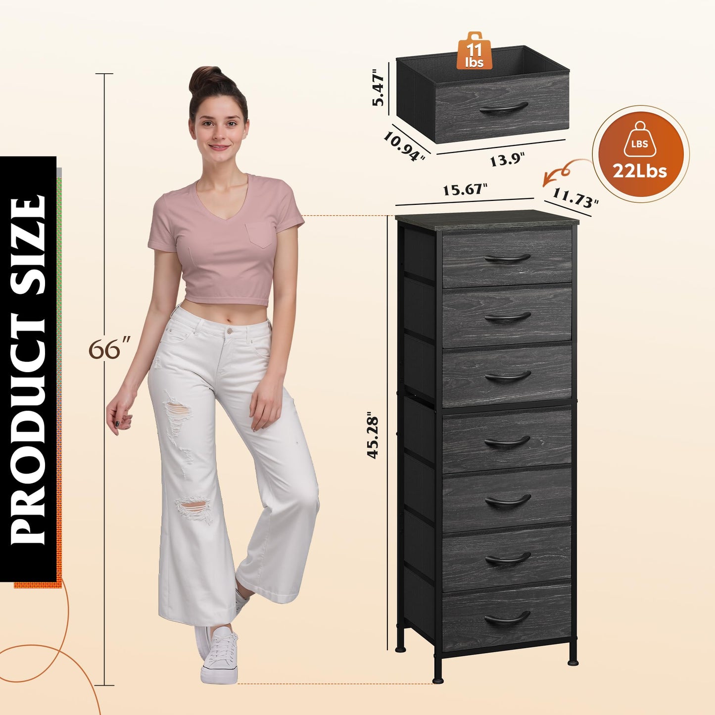 WLIVE Tall Dresser for Bedroom, 7 Drawer Dressers & Chests of Drawers, Fabric Dresser for Closet, Night Stand with Metal Frame, Storage Tower with Fabric Bins, Woodtop, Charcoal Black Wood Grain Print