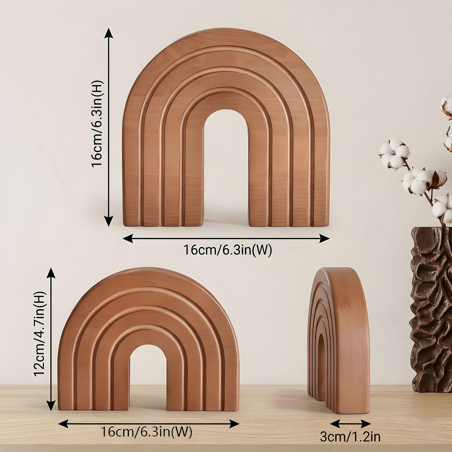 JADENIO 2Pcs Boho Decor Book Ends, Minimalist Wooden Arch Bookends for Shelves - Modern Farmhouse Decor for Living Room, Bedroom, Office & Dining Table