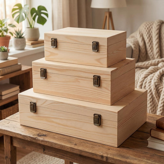 Sliner 3 Pcs Wooden Decorative Storage Boxes with Lids Vintage Wood Organizer Bins for Your Bookshelf Home Decor Safely Store Photos Documents Memory Jewelry Craft Storage (Natural Wood,S M L Size)