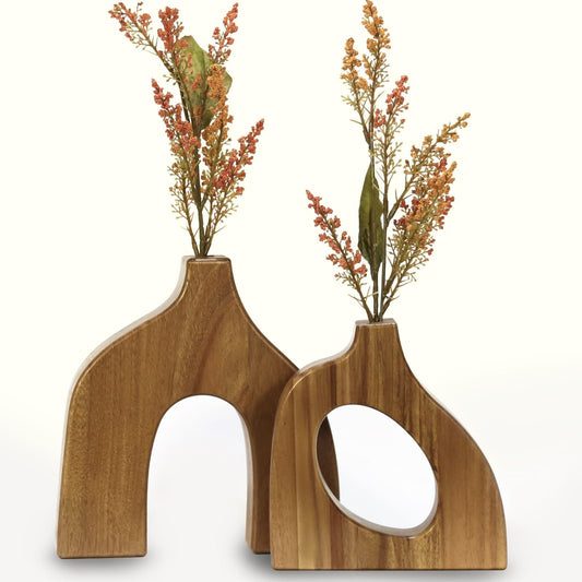 Wooden Vases for Decor Set of 2, Scandinavian Wood Decorative Vases