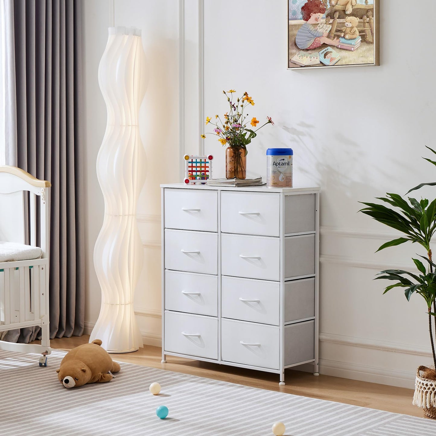 OLIXIS Dresser for Bedroom, 8 Storage Drawers, Tall Large Fabric Storage Tower Organizer, Chest of Drawers with Metal Frame Wooden Top for Nursery, Closet, Living Room, Entryway, White