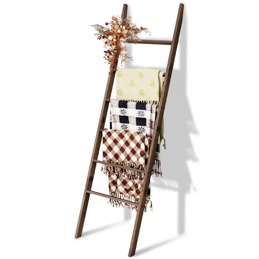 Acacia Wood 6-Tier Blanket Ladder, 5.7FT(66.5'') Blanket Quilt Towel Holder Rack Decorative Ladder Wooden, Easy Assembly, Rustic Farmhouse Ladder Shelf for the Living Room Bedroom Bathroom Home Decor