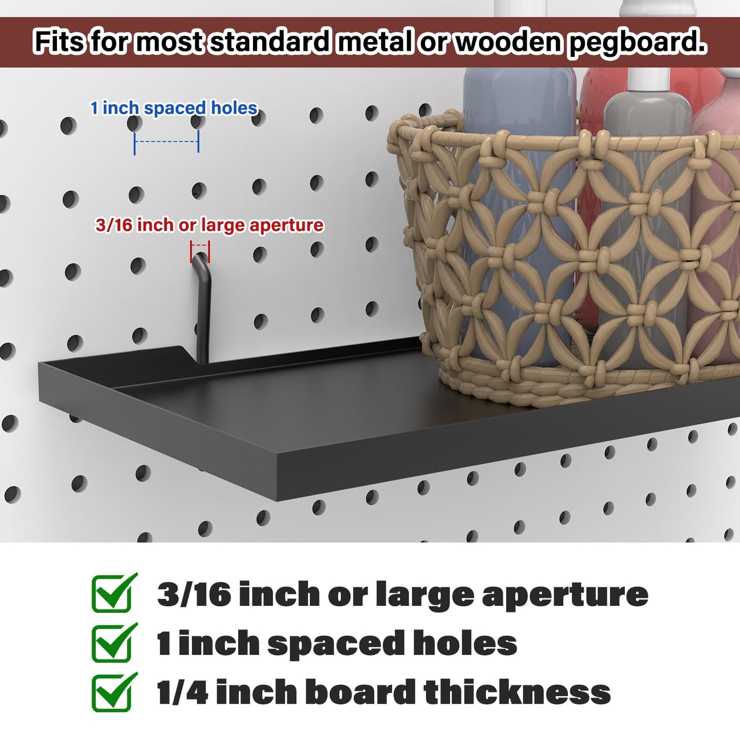 SSNEWOG 13X6 Inch Pegboard Shelves Set of 6, Metal Peg Board Shelves Accessories, Flat Display Shelves for Pegboard, Metal Retail Display for Storage and Organization, Black
