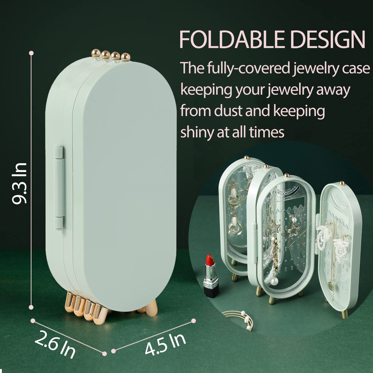 Lejesth Foldable Earring Holder Jewelry Organizer Box with Mirror, 4-Layer Dustproof Earring Necklace Display Stand Jewelry Box with 153 Holes for Women and Girls, Gifts for Girl (Light Green)