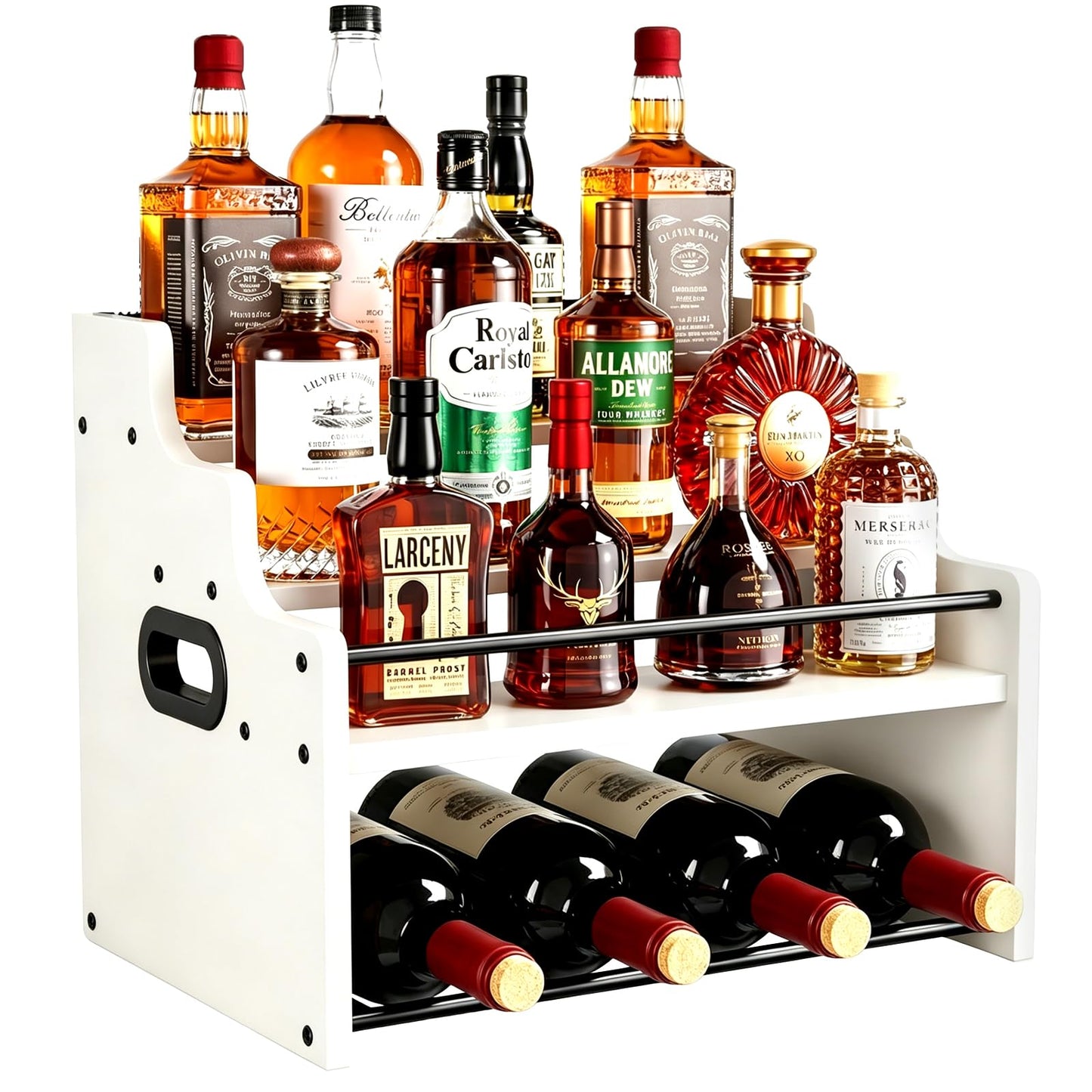 FZGhome 4-Tier Wood Display Shelf Wine Rack for 16 Bottles Wood Coffee Syrup Organizer with Handles Home Whiskey Shelf Retro Mini Liquor Cabinet Spice Rack Coffee Bar Shelves, White