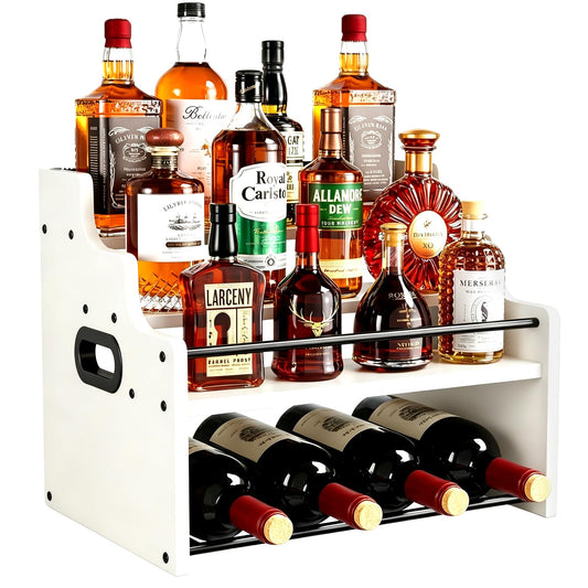 FZGhome 4-Tier Wood Display Shelf Wine Rack for 16 Bottles Wood Coffee Syrup Organizer with Handles Home Whiskey Shelf Retro Mini Liquor Cabinet Spice Rack Coffee Bar Shelves, White